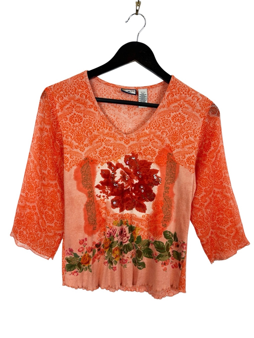 Caribbean Joe Coral Floral Sequin V-Neck Top Size Small